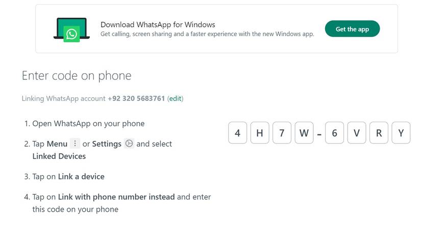WhatsApp Web showing the code to login with phone number