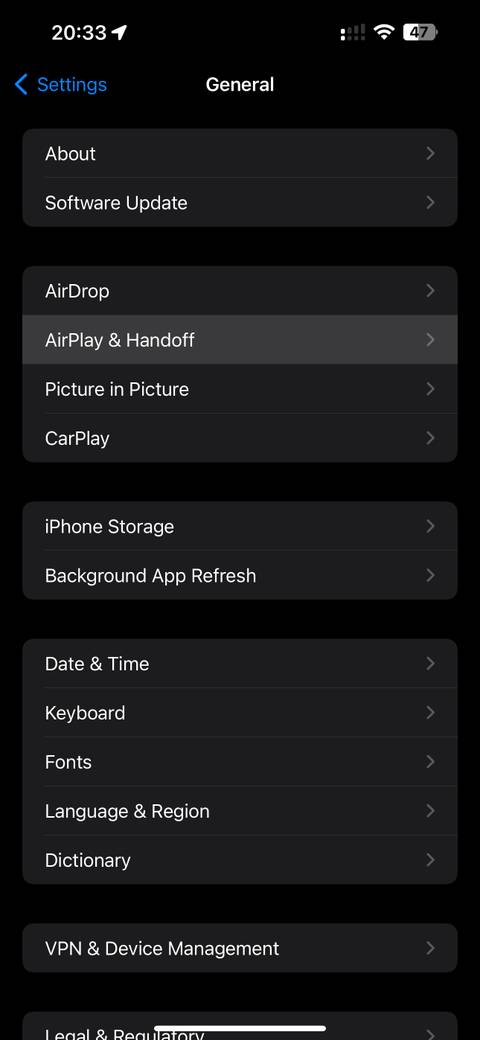 Apple iOS 17 Settings App Airplay and Handoff Section Highlighted