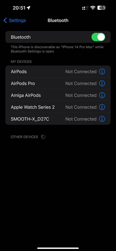 iOS 17 Settings with Bluetooth enabled