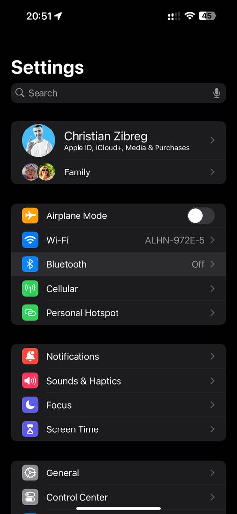 iOS 17 Settings with the Bluetooth section highlighted and disabled