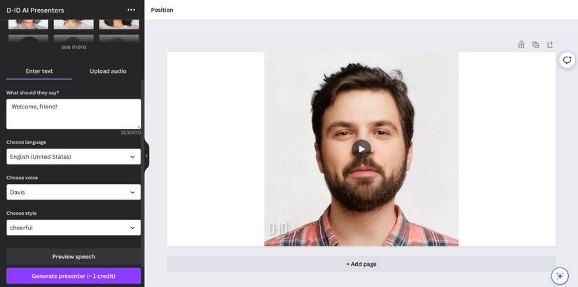 D ID AI Presenters  app open on Canva with an AI generated man presenting text 