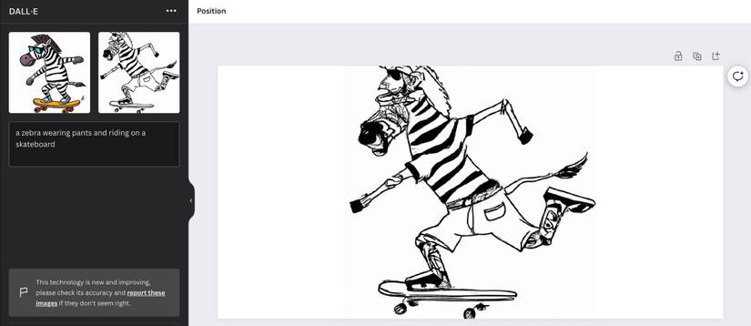 DALL E app on Canva being used to create a zebra riding a skateboard