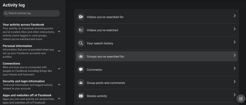 Different options to find old posts through Facebook Activity Log