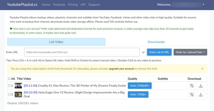 Download YT videos using YoutubePlaylist.CC