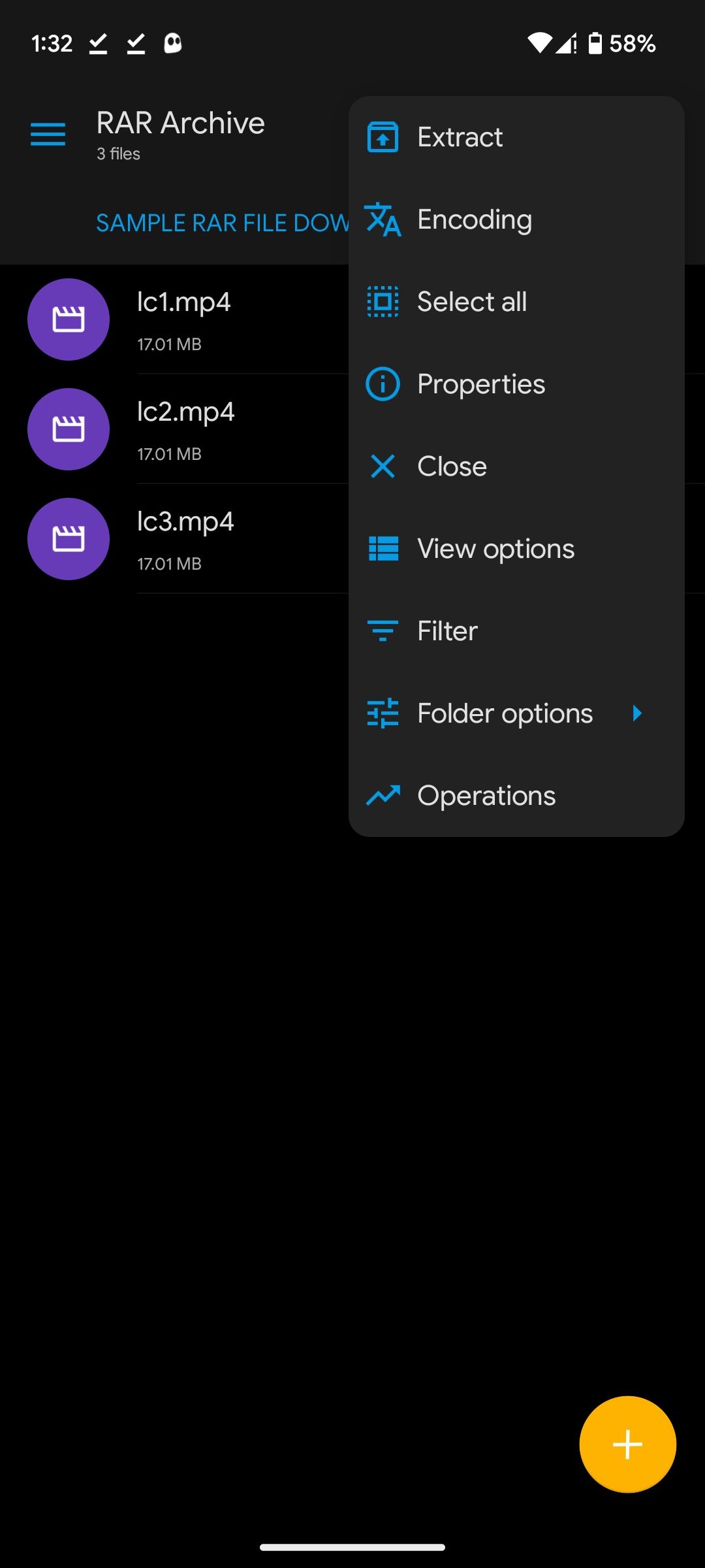 Pop-up menu in Solid Explorer with Extract option