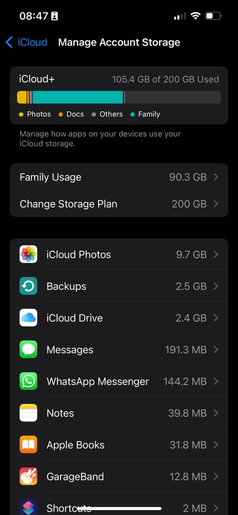iCloud storage management page in iOS Settings