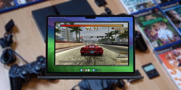 MacBook running Burnout Revenge via the AetherSX2 emulator