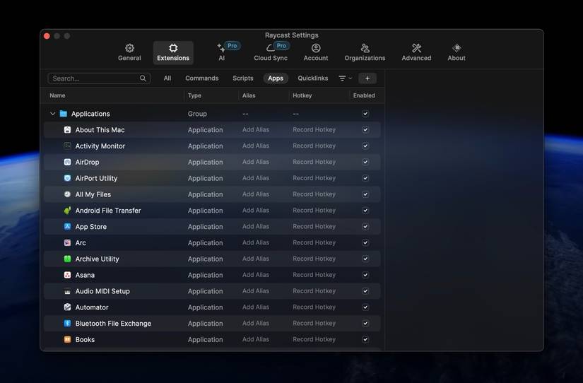 Raycast's settings page