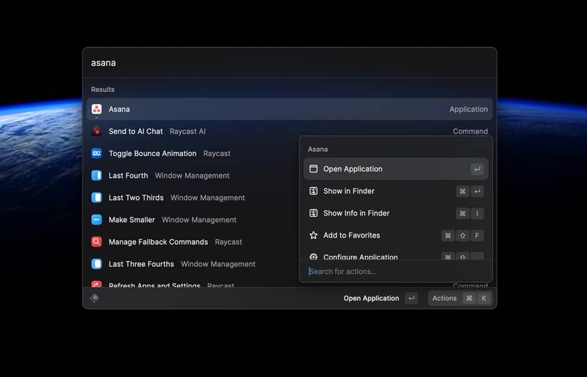 Raycast's search feature and its action menu