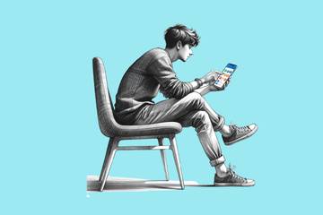 An illustration of a person seated comfortably on a modern chair, engrossed in using their smartphone