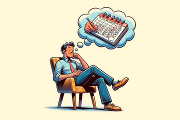 An illustration of a man sitting on a chair, with a thought cloud above his head, containing a calendar.