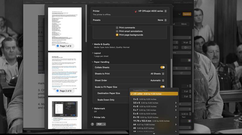 Destination Paper Size dropdown open in Mac Print menu