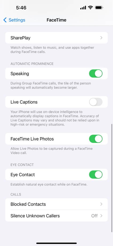 FaceTime Live Photos toggle enabled