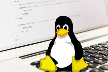 Laptop screen with Linux's logo, a penguin