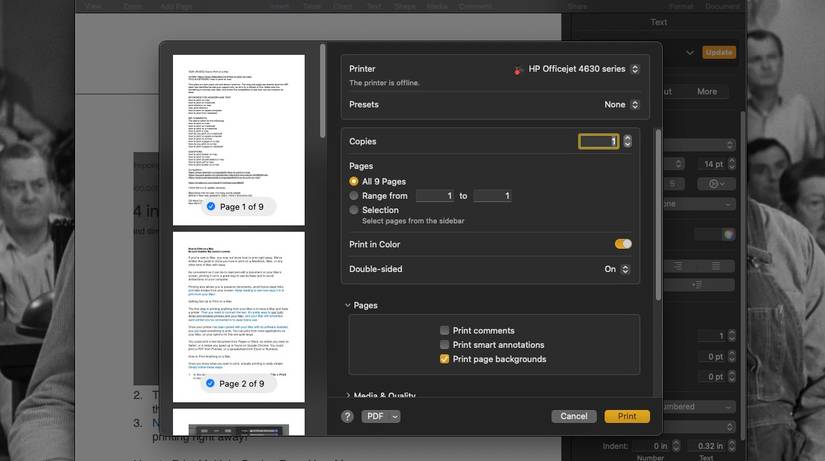 Print menu open in Pages application on a Mac