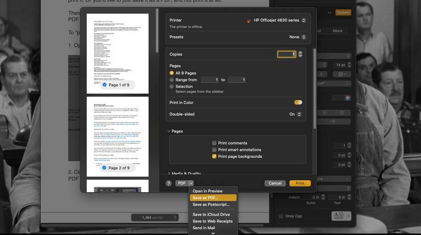 Save As PDF highlighted in PDF dropdown inside the Mac Print menu