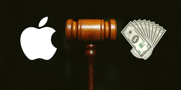Apple logo next to cash and a gavel