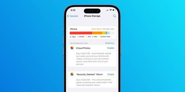 iPhone showing storage settings menu
