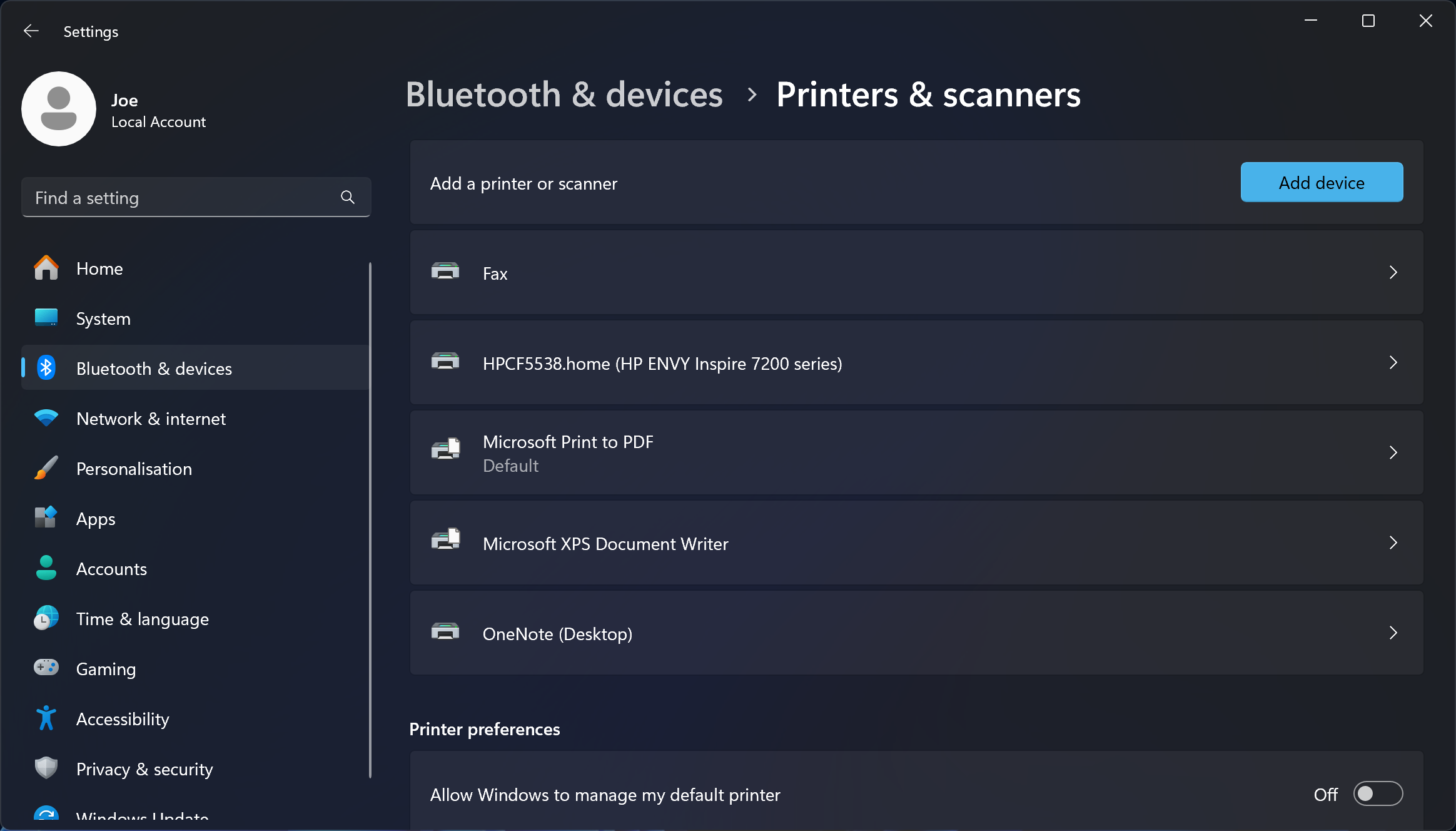 Screenshot of Windows 11 Printers & scanners settings showing a printer marked as offline