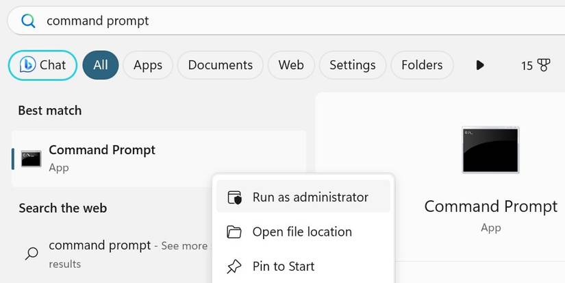 اجرای فرمانخط بهعنوان مدیر در ویندوز.