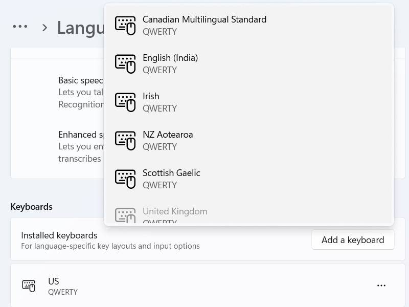 Windows 11 add keyboard layout screenshot AZERTY QWERTZ