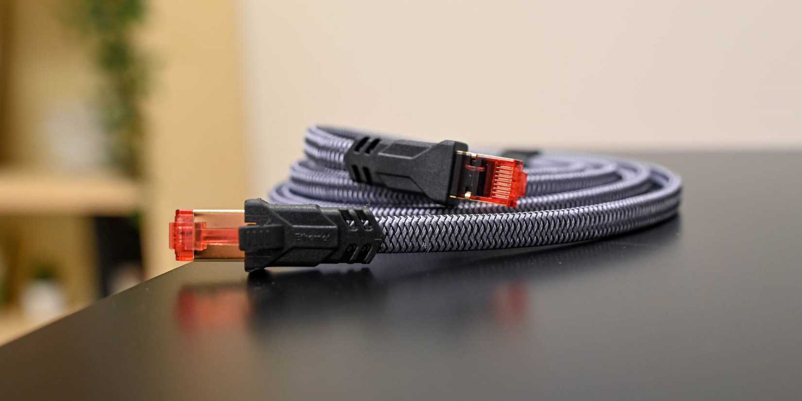 Snowkids Cat 8 Ethernet Cable coiled up on a table