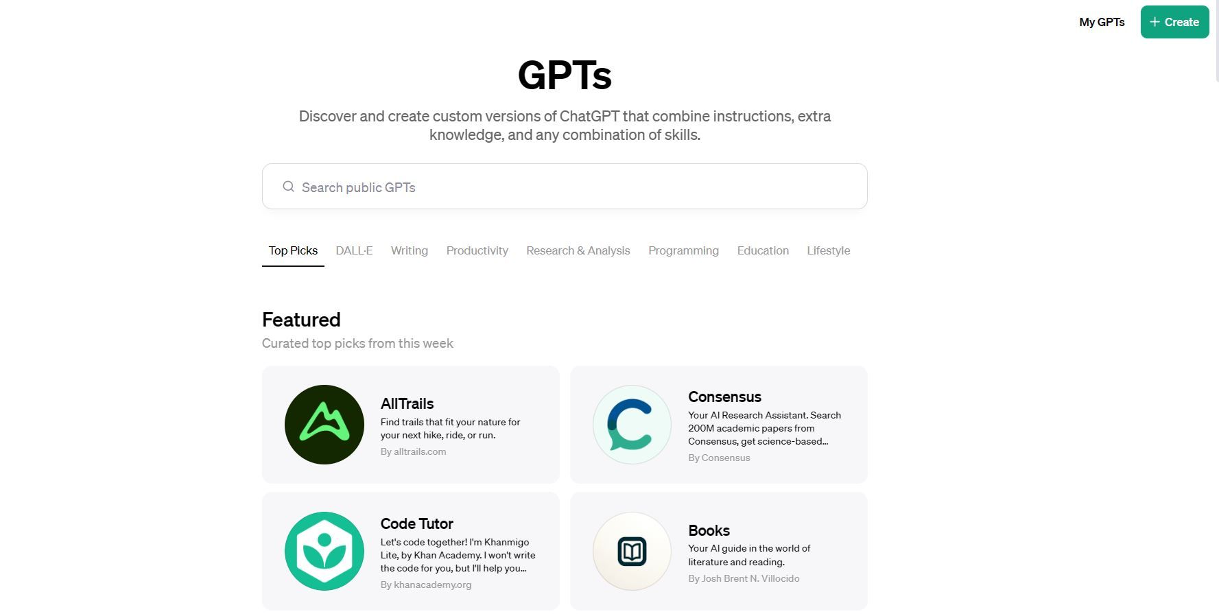 GPT Store browse screen showing featured custom GPTs organized by category