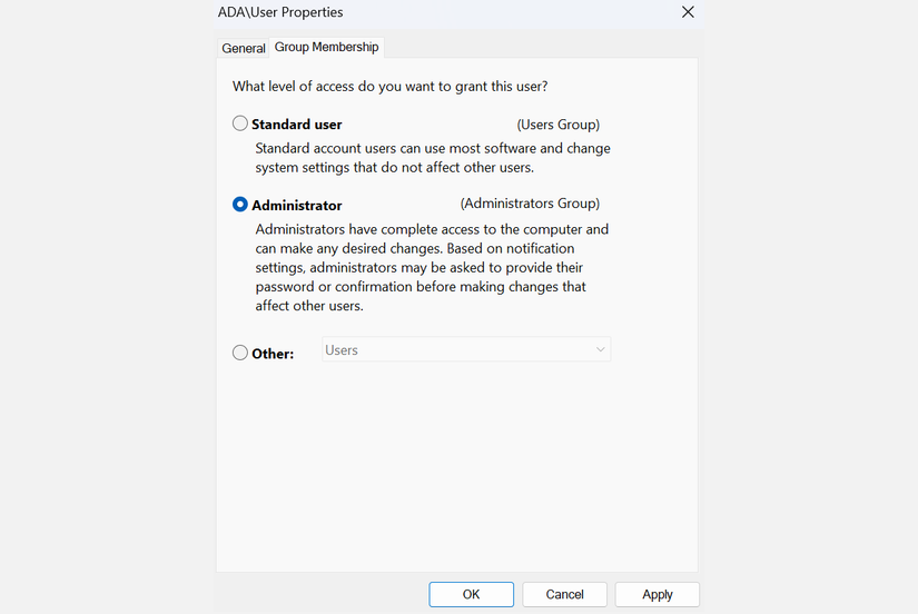 Group membership tab for selecting standard user or administrator account