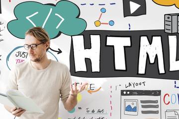 A man gestures as he reads from a notebook, standing in front of a large display of illustrated concepts relating to web technology, including HTML, wireframes, and servers.