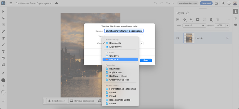 Choose where to save your file when using Photoshop for web