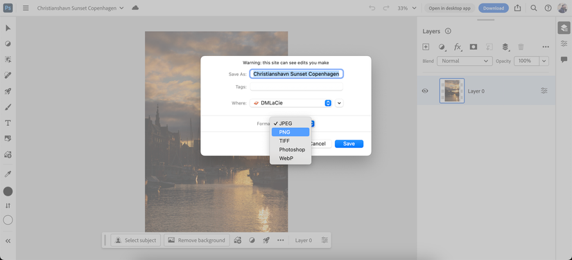 The option to save a file as PNG when using Photoshop for the web