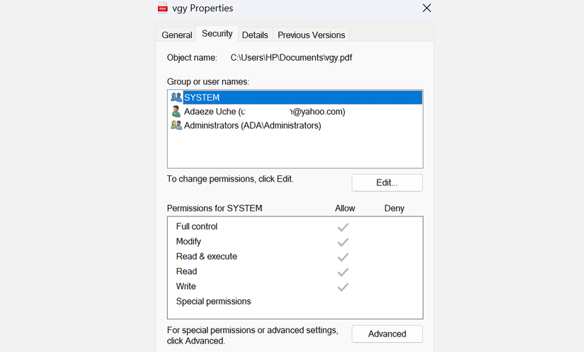 Security tab in the Properties tab of a file in Windows