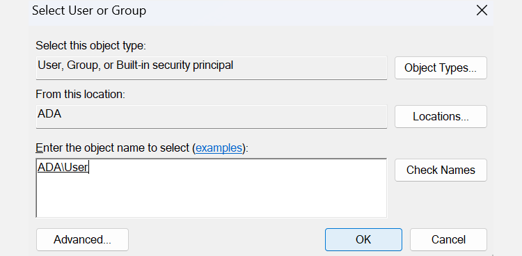 Select user or group tab for a file
