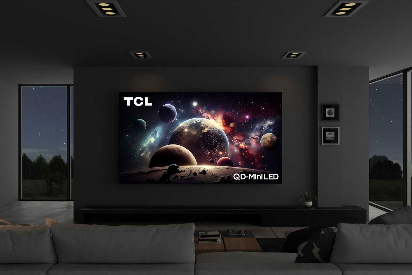 tcl qd-mini led tv on a dark wall