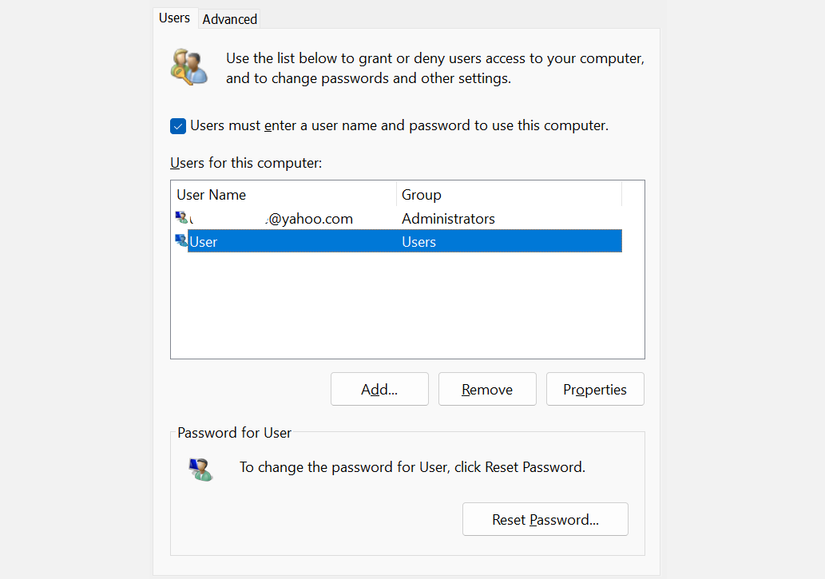The users tab displaying users in a computer