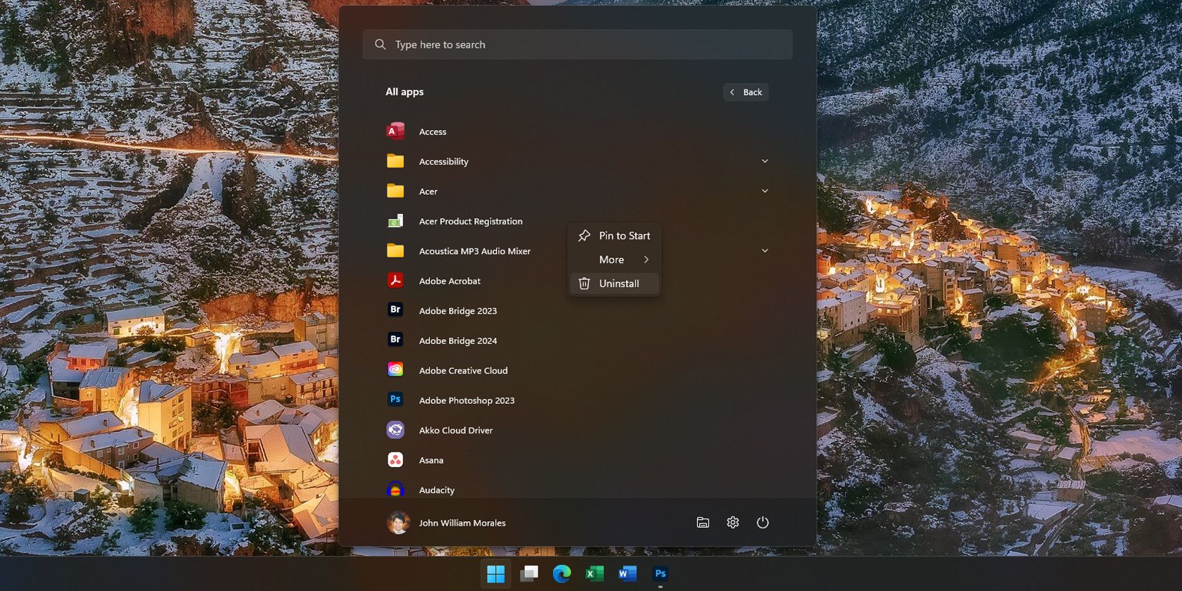 Uninstall an app from the Windows 11 Start Menu