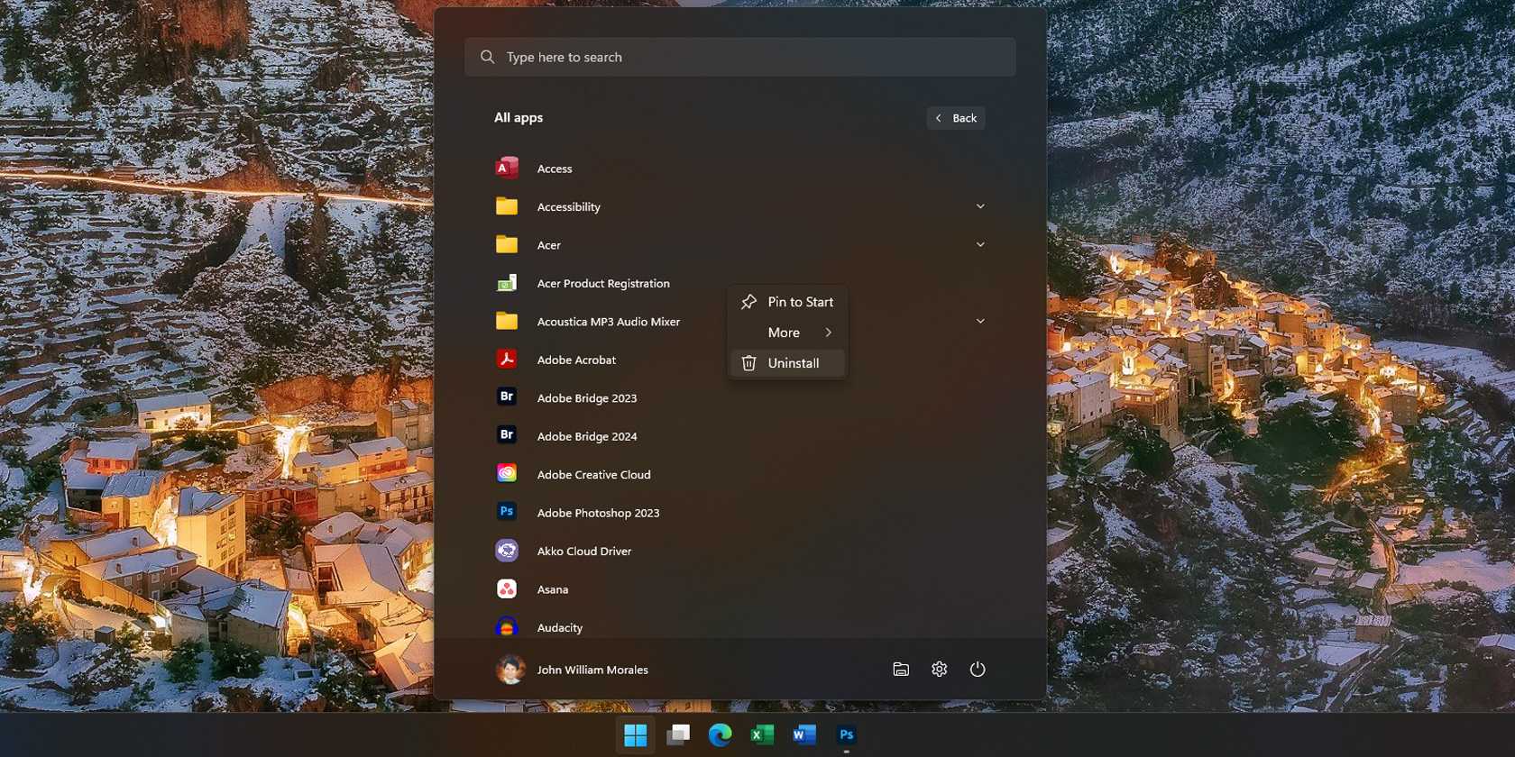 Uninstall an app from the Windows 11 Start Menu