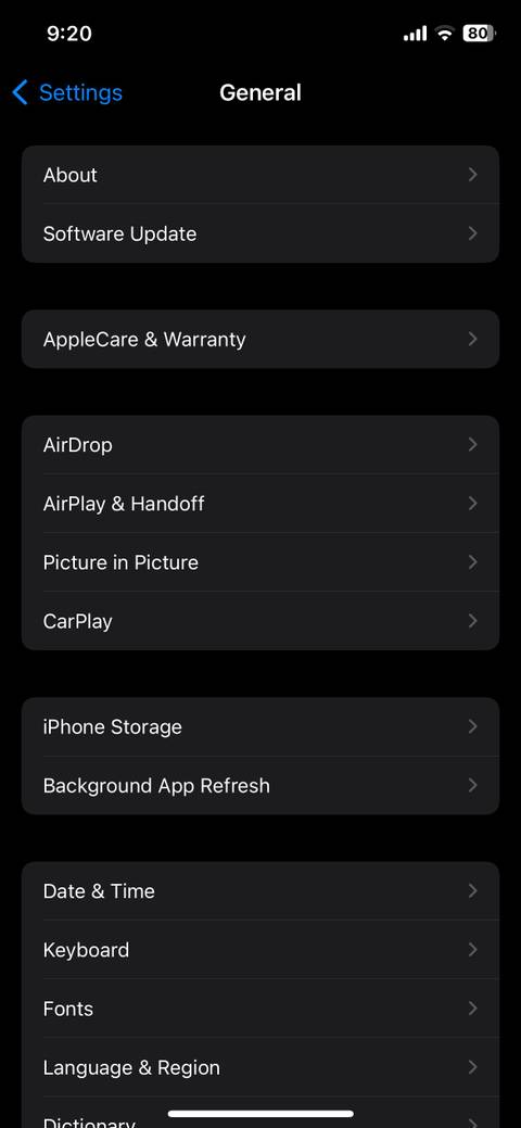 General Settings Menu on iPhone