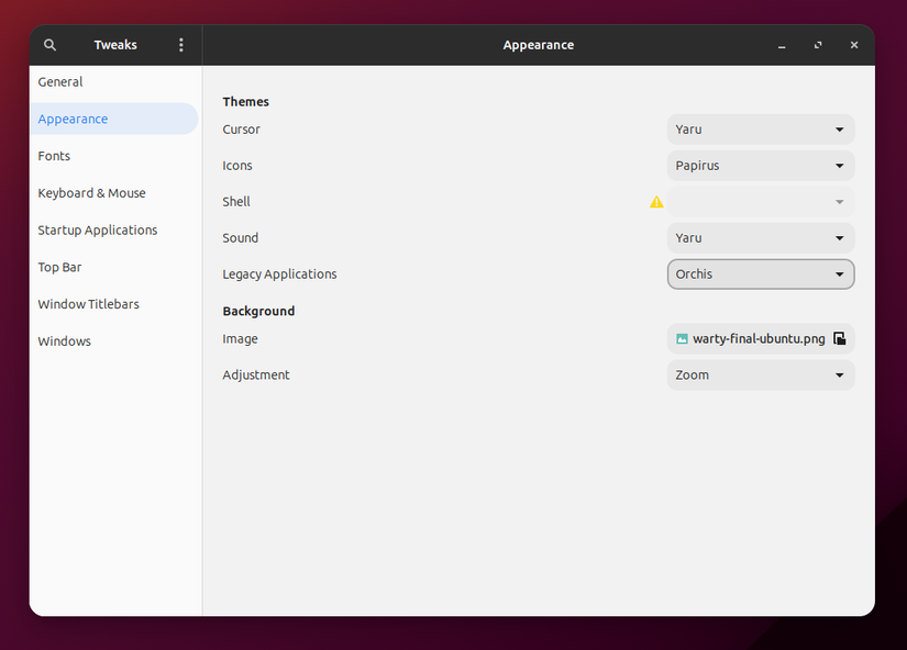 The Appearance section of the GNOME Tweaks app on Ubuntu