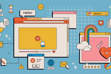 An illustration of user interface elements including windows, buttons, and dialogs.