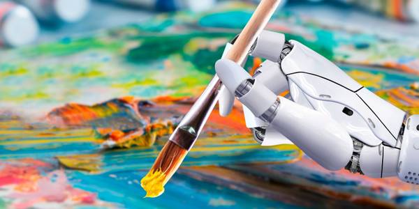 Robot Hand Holding Paintbrush Over Colorful Canvas