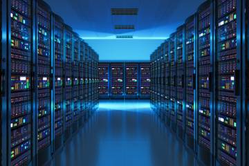 Tall racks of server equipment extend into the distance on left and right, displaying bright lights in a dark blue room