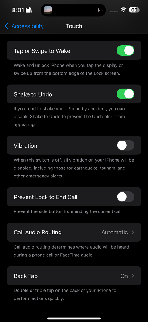 iPhone accessibility touch vibration settings screenshot