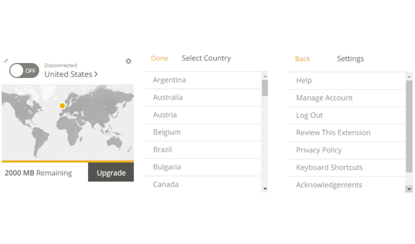 screenshot of tunnelbear chrome extension main pages