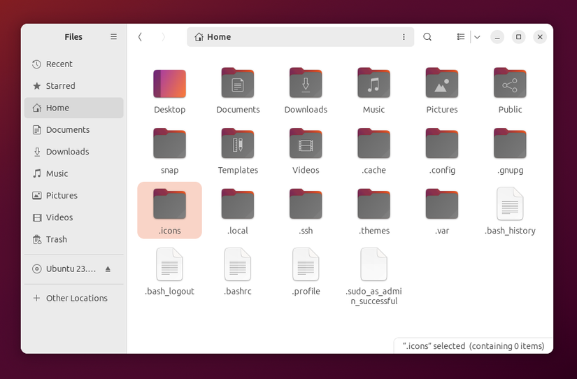The hidden icons folder within the Home directory on an Ubuntu desktop