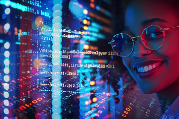 A tech-savvy woman, immersed in a digital world of code