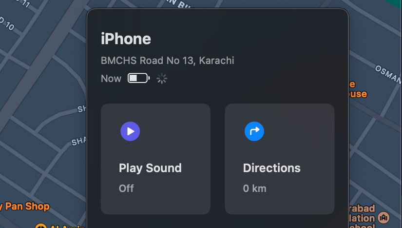 Directions option for a device in Find My app