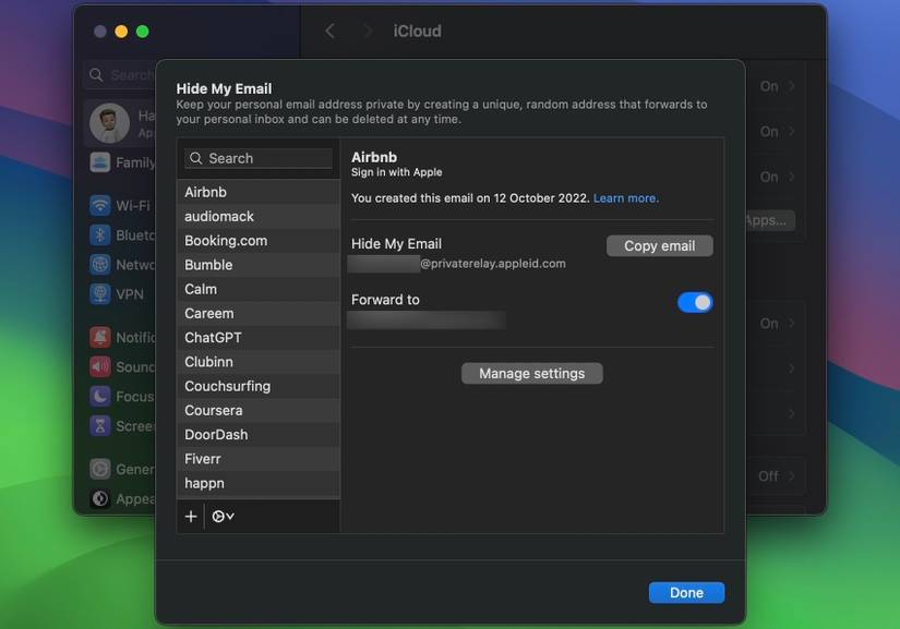 Hide My Email settings for iCloud in macOS