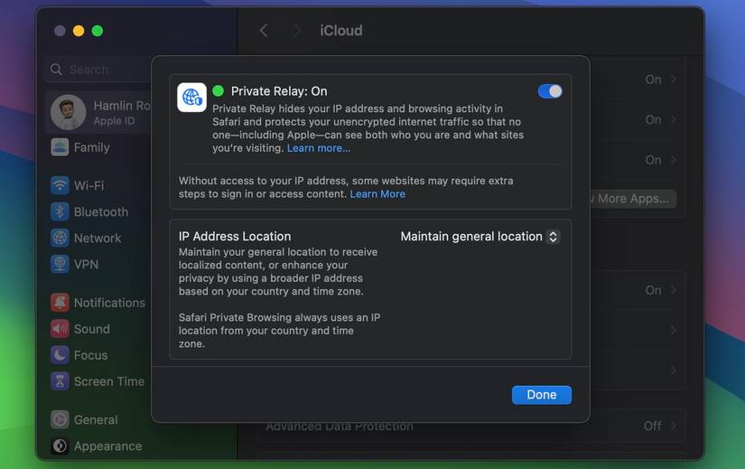 iCloud Private Relay menu in macOS