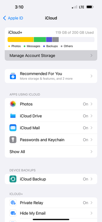 iCloud settings main list iOS 17